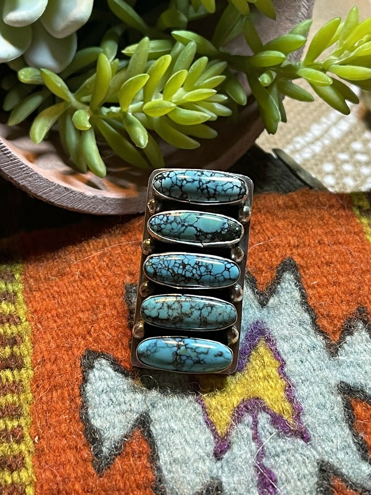 Navajo Blue Oval Turquoise & Sterling Silver Ring Sz 7 Signed