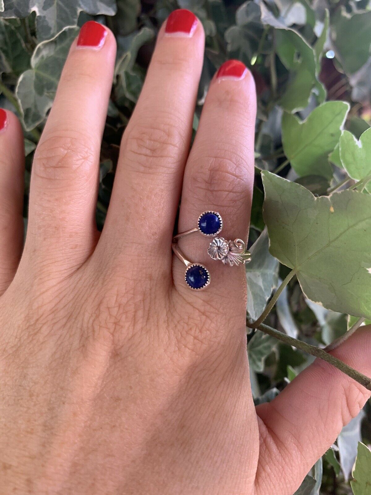 Navajo Lapis Sterling Silver Adjustable Flower Ring