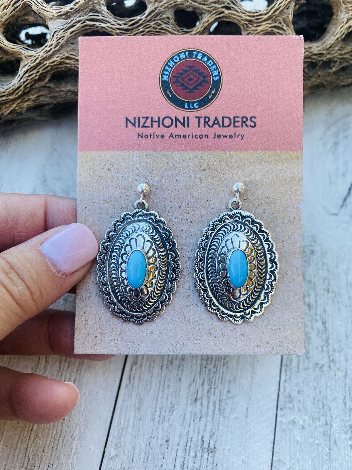 Navajo Sterling Silver & Turquoise Hand Stamped Dangle Earrings