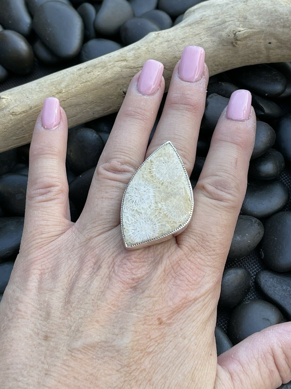 Navajo Fossilized Coral & Sterling Silver Adjustable Ring Signed