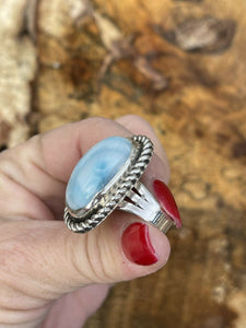 Navajo Larimar Sterling Silver Southwest Rope Style Ring Size 8.5