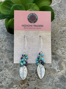 Navajo Sterling Silver & Multi Stone Leaf Dangle Earrings