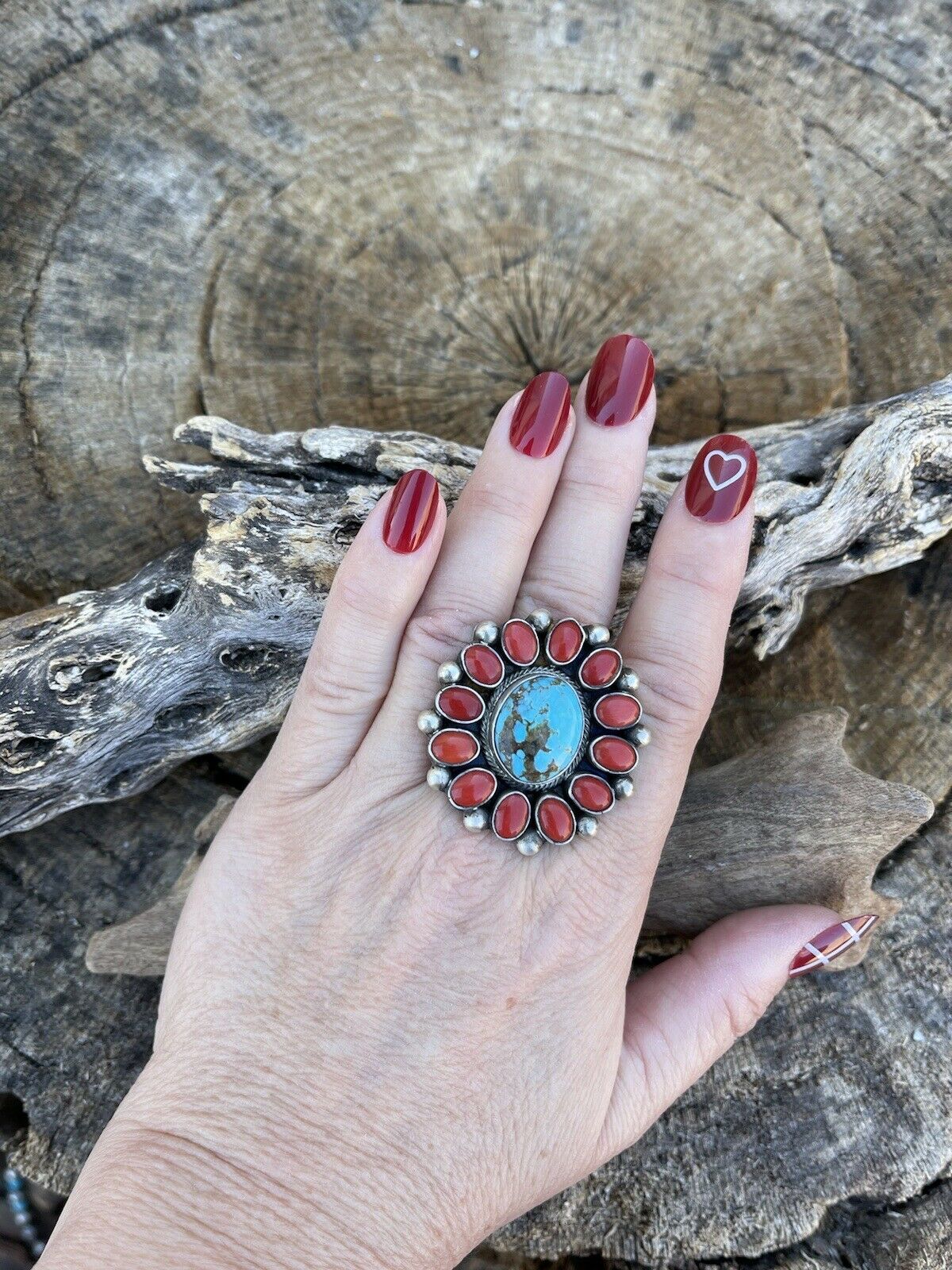 Navajo Sterling Silver Kingman Web Turquoise & Red Coral Taos Ring Sz 8