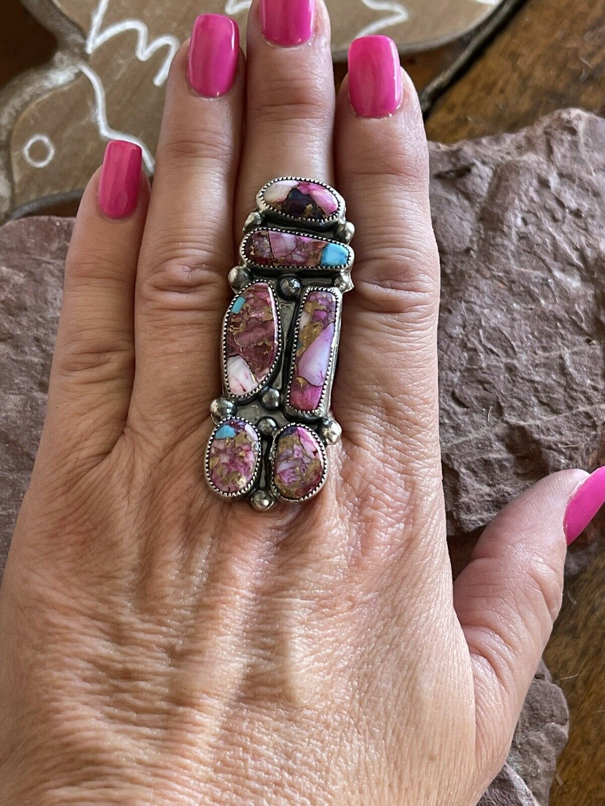 Navajo 6 stone Pink Dream Mojave & Sterling Silver Ring Size 8