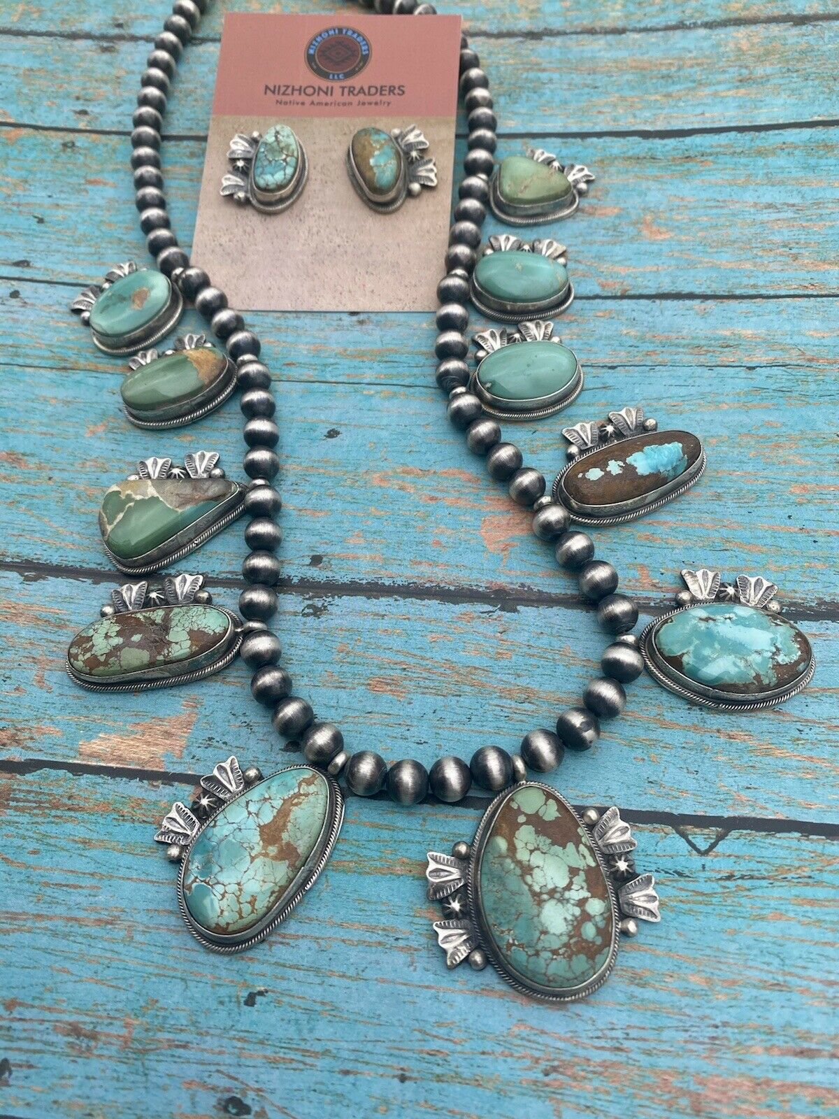 Stunning Navajo Sterling Silver Royston Turquoise Necklace & EarrIng Set
