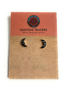 Zuni Sterling Silver & Black Onyx Inlay Moon Stud Earrings