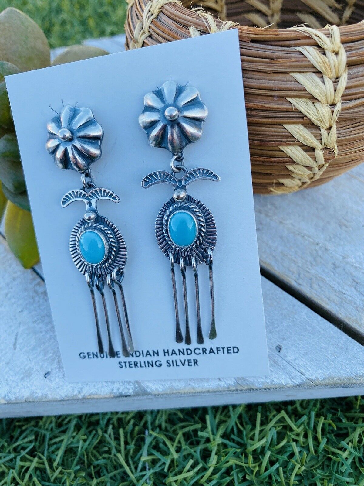 Navajo Turquoise & Sterling Silver Concho Dangle Earrings