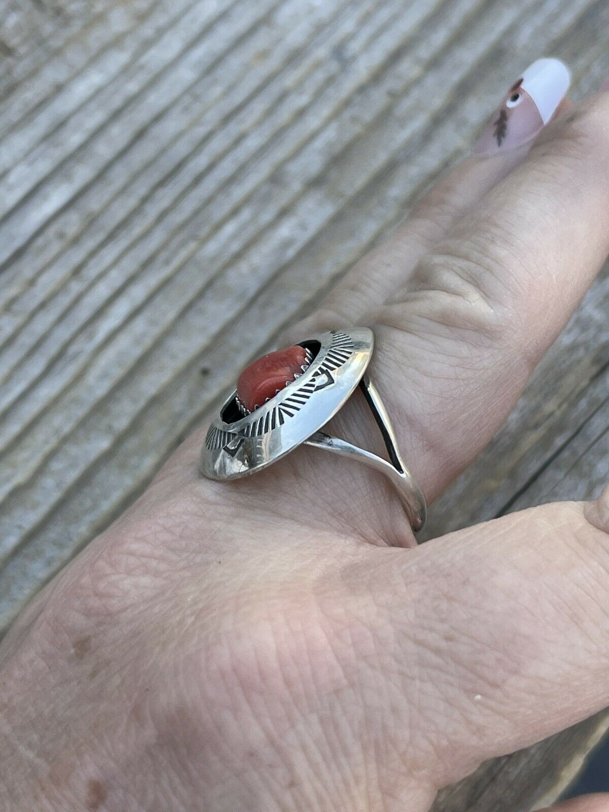 Navajo Sterling Silver Natural Red Coral Shadow Box Ring Sz 8