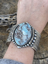 Load image into Gallery viewer, Navajo Handmade Sterling Silver &amp; Number 8 Turquoise Signed Cuff Signed