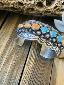 Navajo Orange Spiny, Turquoise & Sterling Silver Cuff Bracelet By Darryl Becenti