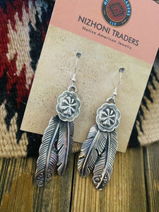 Navajo Sterling Silver Stamped Feather Concho Dangle Earrings