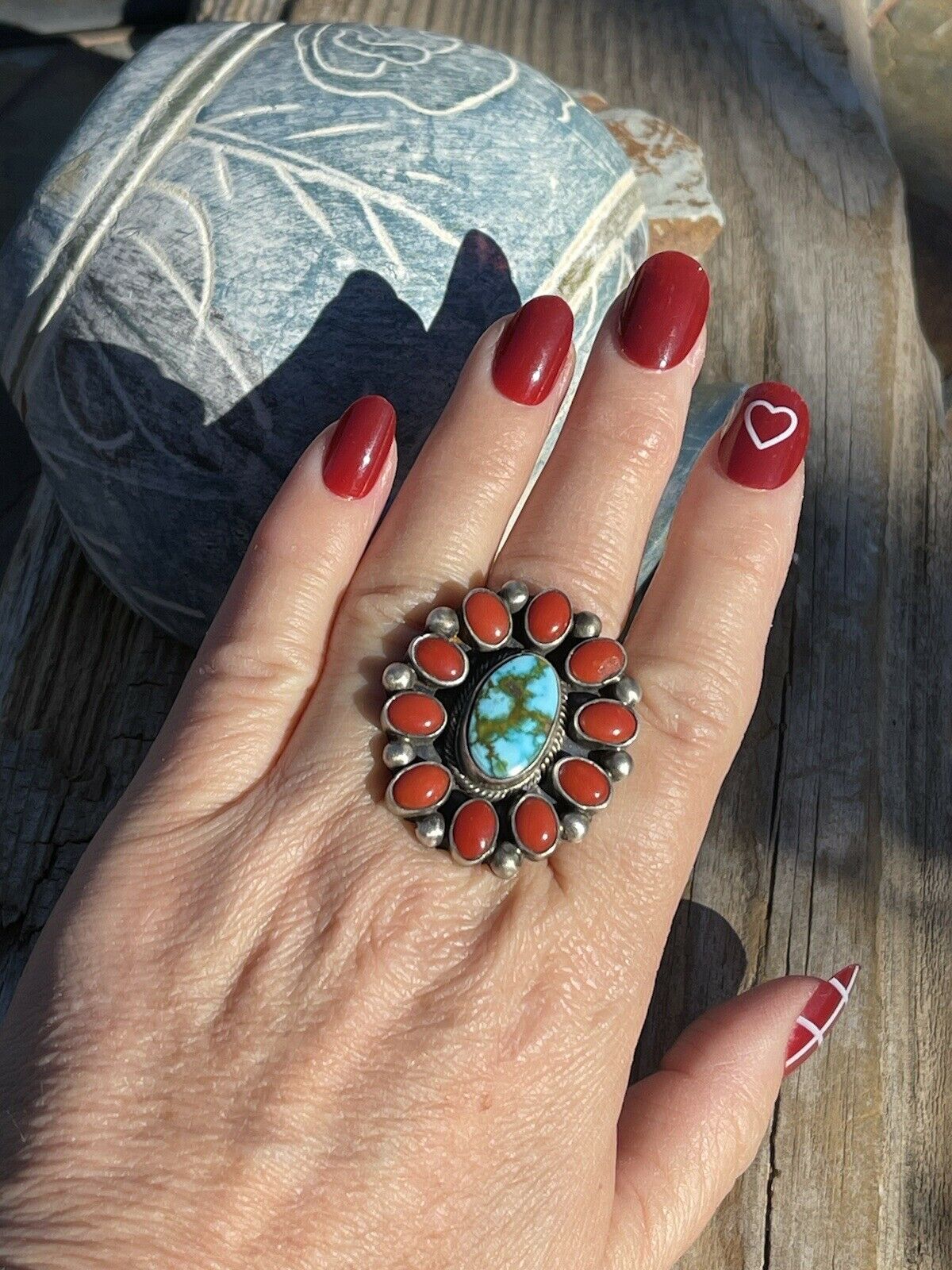 Navajo Sterling Silver Kingman Web Turquoise & Red Coral Taos Ring Sz 7