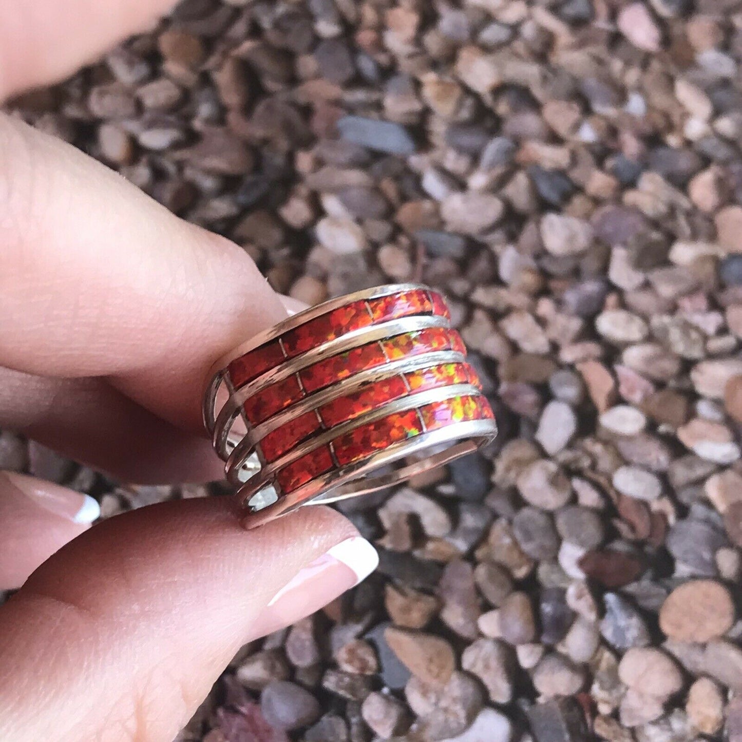 Navajo Sterling Silver Red Fire Opal Stacker Ring