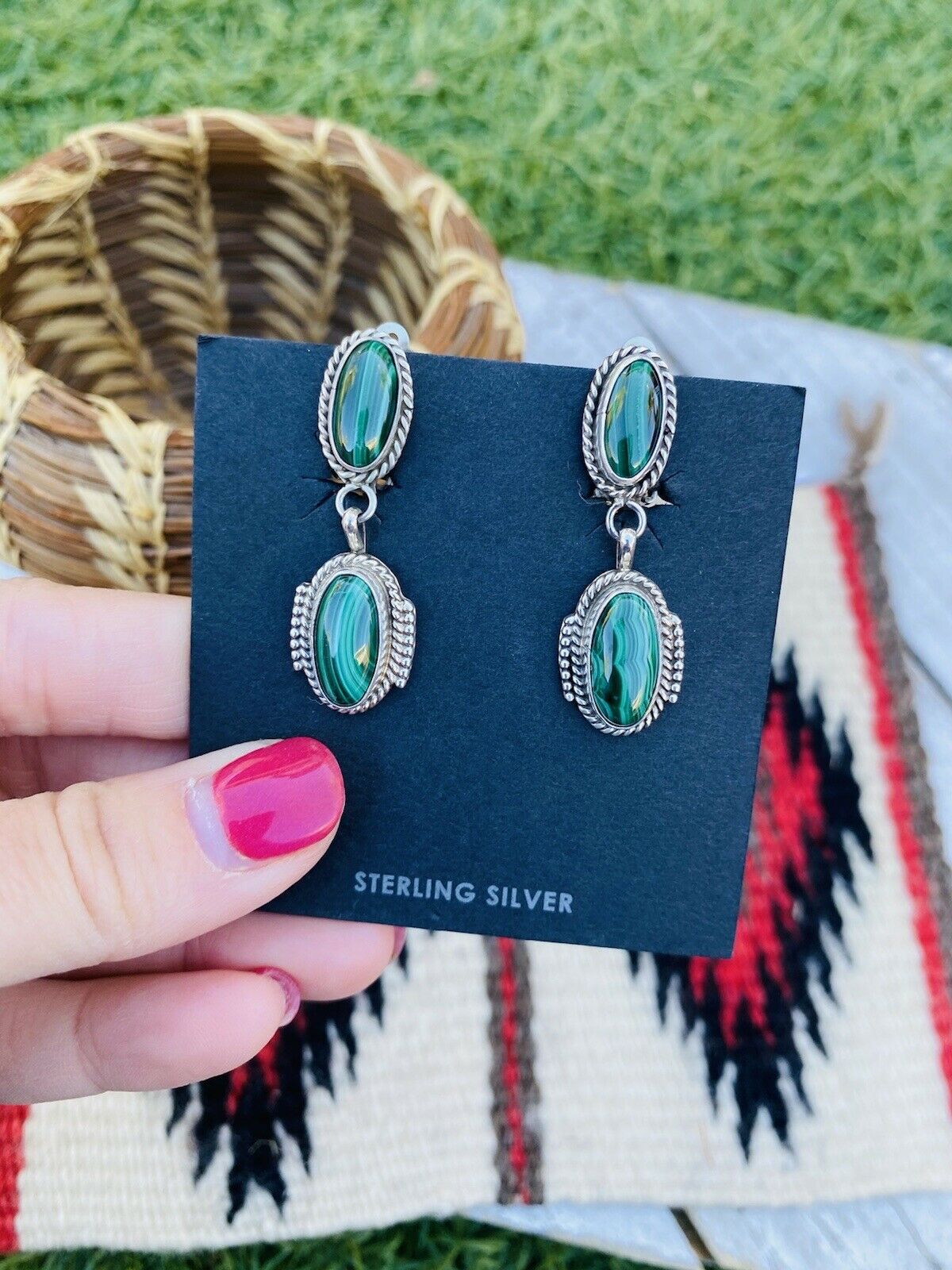 Navajo Malachite & Sterling Silver Clip On Dangle Earrings