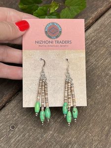 Navajo Sterling Green Kingman Turquoise 3 Strand Heishi Beaded Earrings