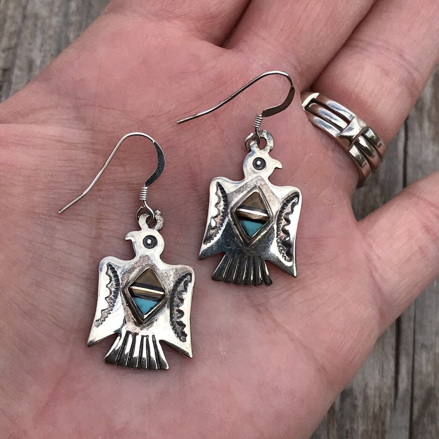 Navajo Turquoise Multi Stone  Sterling Silver Thunderbird Dangles