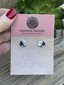 Zuni Sun Face Multi Stone Circle And Sterling Stud Earrings