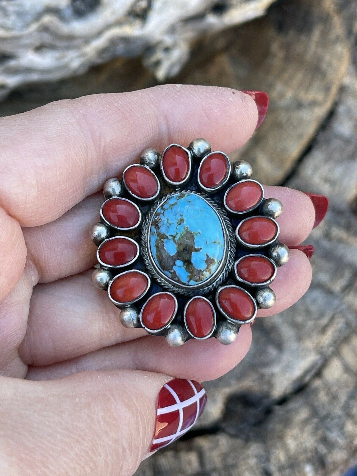 Navajo Sterling Silver Kingman Web Turquoise & Red Coral Taos Ring Sz 8