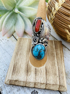 Navajo Turquoise, Coral & Sterling Silver Ring Size 5.5