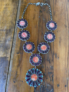 Stunning Navajo Sterling Indian Chief Orange & Purple Spiny Turquoise Necklace