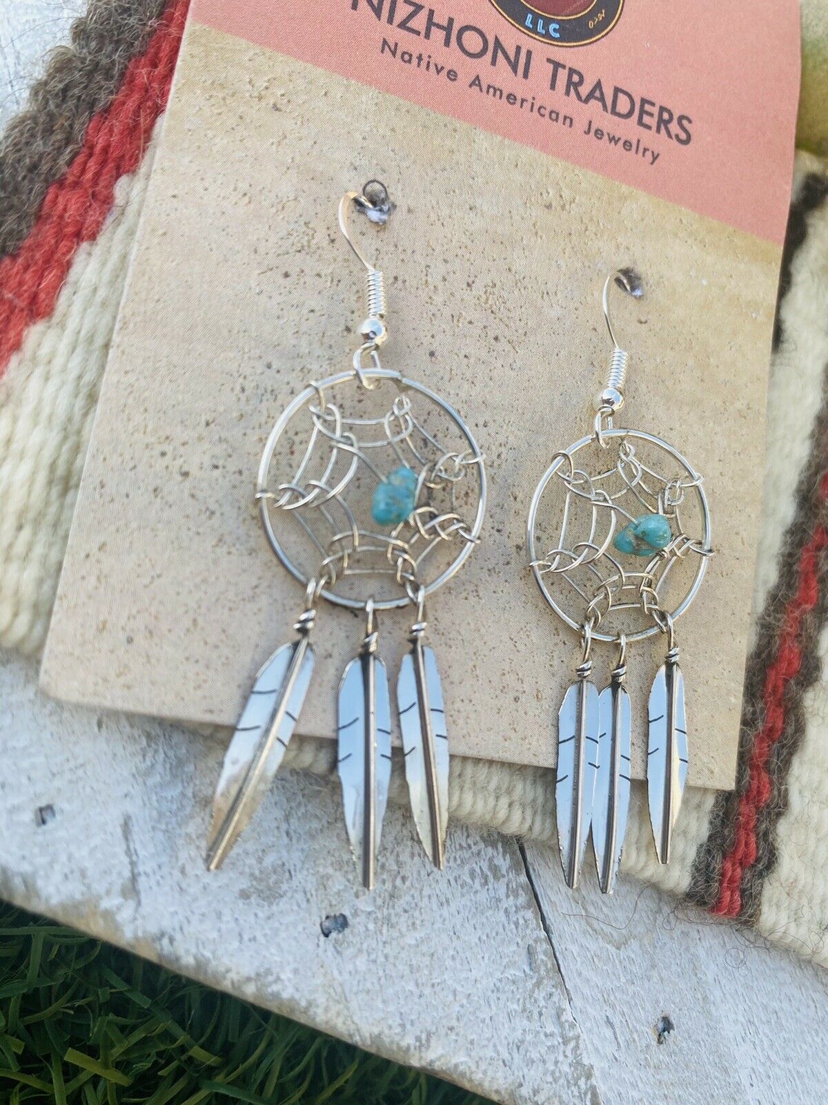 Navajo Sterling Silver & Dream Catcher Feather Dangle Earrings