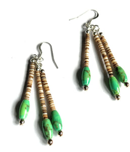 Navajo Sterling Green Kingman Turquoise 3 Strand Heishi Beaded Earrings