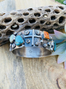 Navajo Multi Stone & Sterling Silver Bangle Bracelet Signed