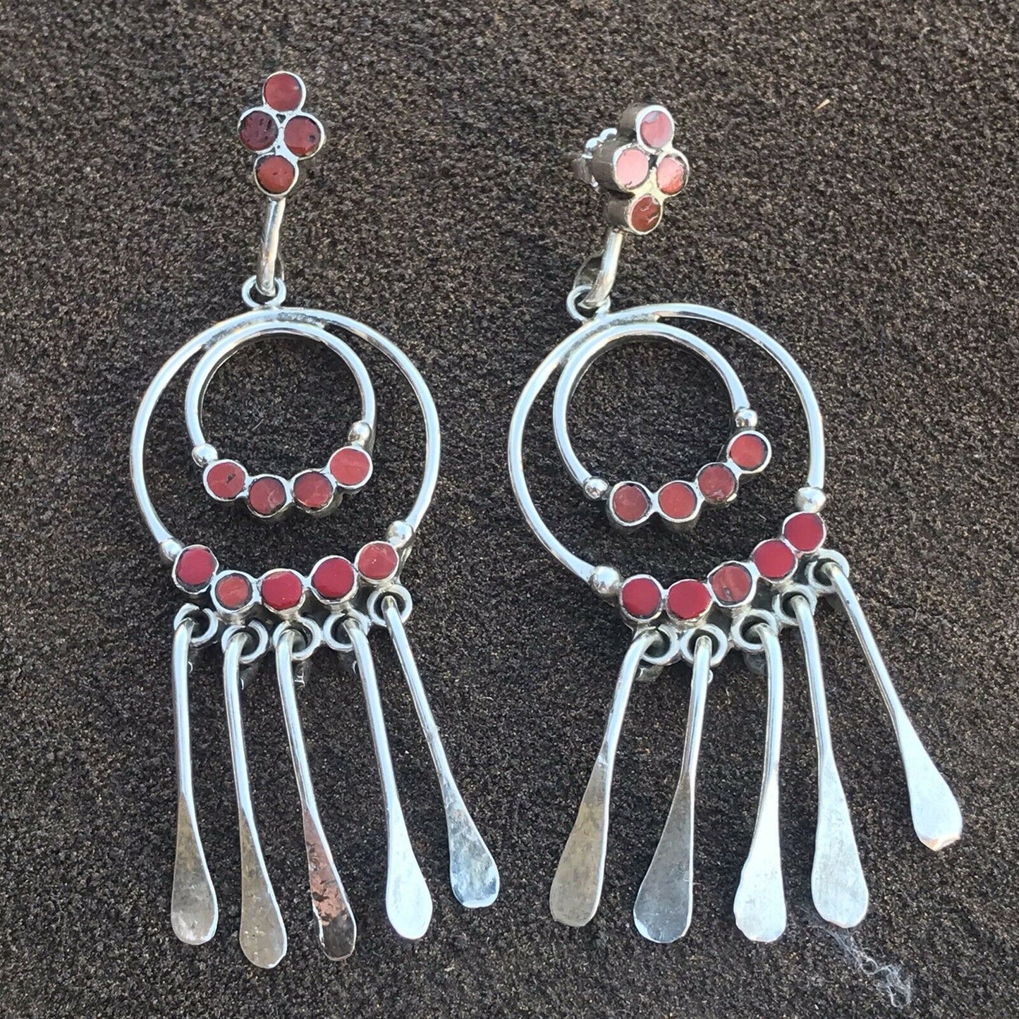 Vintage Navajo Sterling Silver Natural Red Coral Dangle Earrings