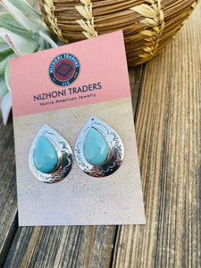 Navajo Hand Stamped Sterling Silver & Turquoise Post Earrings Signed