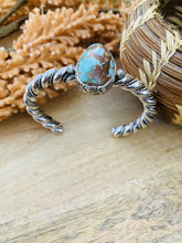 Load image into Gallery viewer, Navajo Hand Stamped Sterling Silver &amp; Royston Turquoise Cuff Bracelet