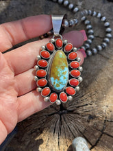 Load image into Gallery viewer, Navajo Sterling Silver Kingman Web Turquoise &amp; Red Coral Taos Cluster Pendant