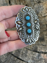 Load image into Gallery viewer, Navajo 3 Stone Turquoise &amp; Sterling Silver Concho Ring Adjustable Signed L.Tahe