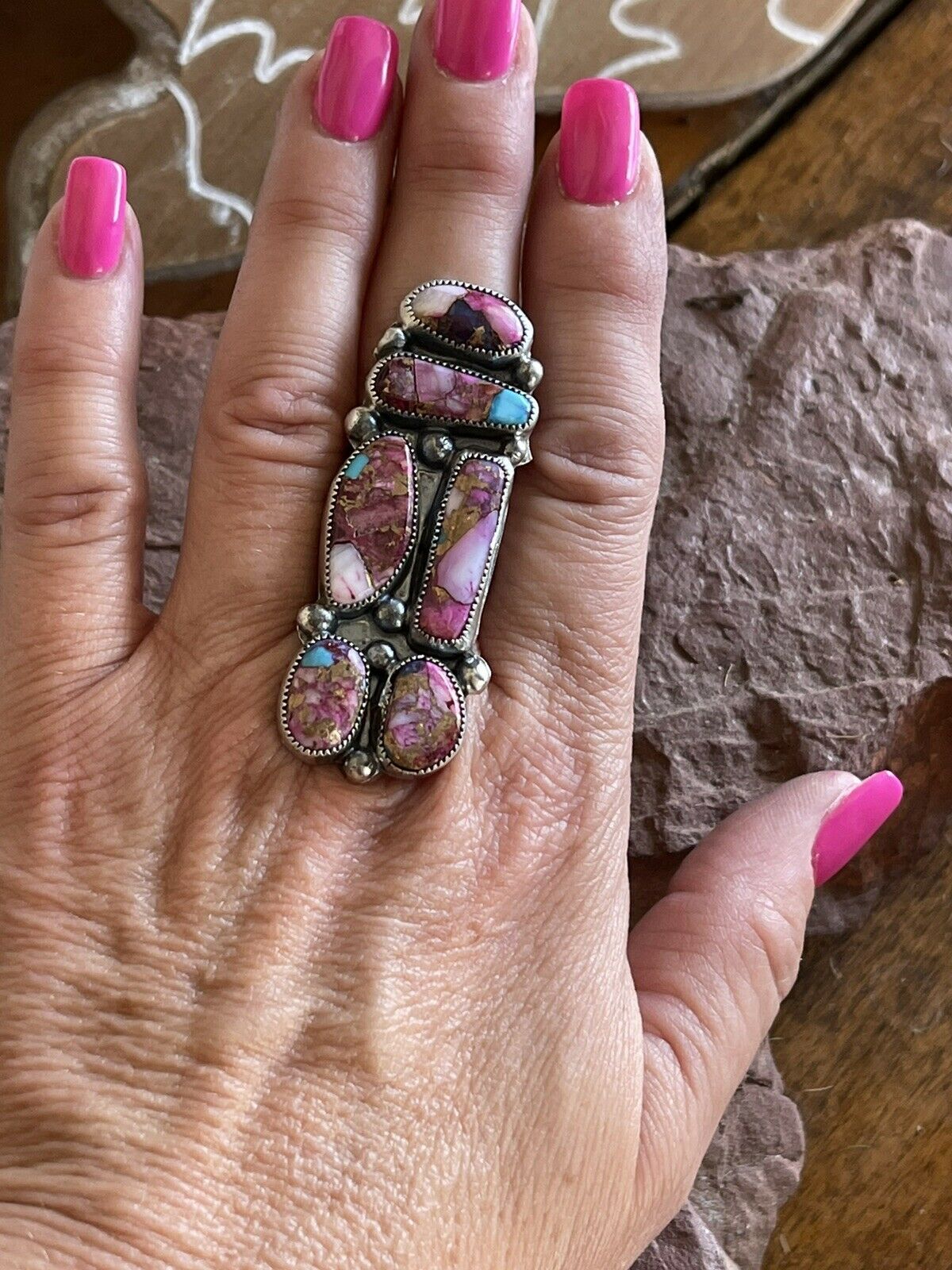 Navajo 6 stone Pink Dream Mojave & Sterling Silver Ring Size 8