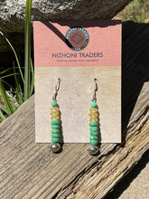 Load image into Gallery viewer, Navajo Sterling Silver Golden Quartz and Green Kingman Turquoise Dangle Earrings