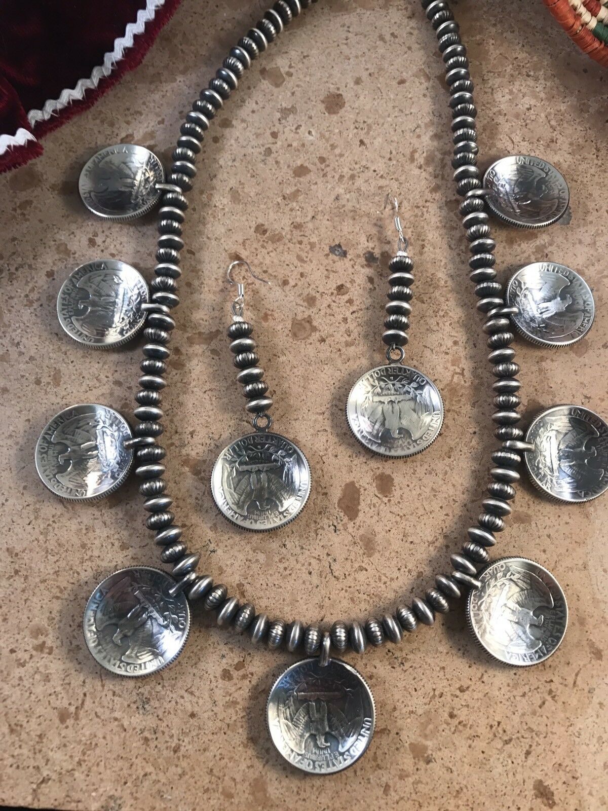 Vintage Navajo Sterling Silver Liberty Quarter Necklace  Earring Set