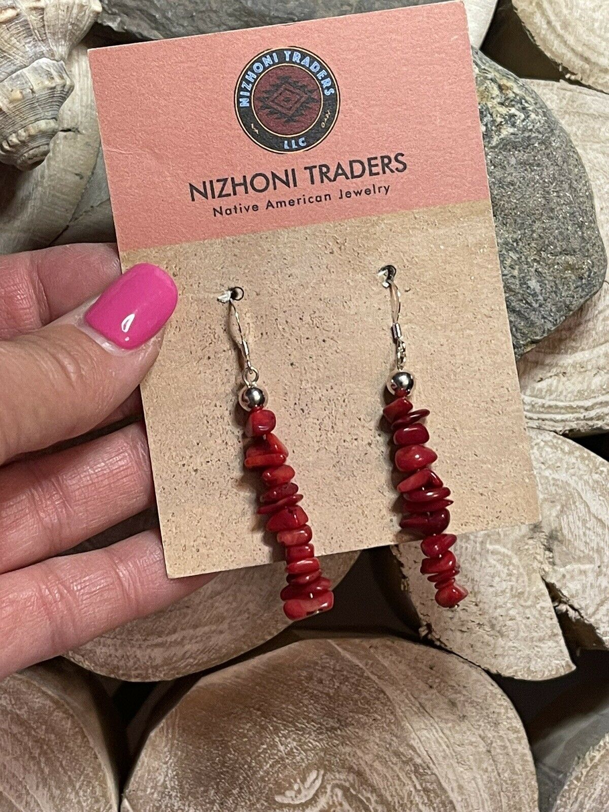 Navajo Sterling Silver Apple Coral Chip Dangle Earrings