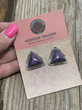 Load image into Gallery viewer, Beautiful Navajo Sterling Dyed Purple Kingman Turquoise Triangle Post Earrings