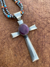Load image into Gallery viewer, Navajo Sterling Silver &amp; Purple Spiny Shell  Cross Pendant Chimney Butte
