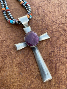 Navajo Sterling Silver & Purple Spiny Shell  Cross Pendant Chimney Butte