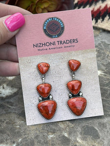 Beautiful Navajo Sterling Silver Apple Coral Triple Triangle Dangle Earrings