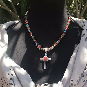 Navajo Sterling Silver Natural Red Coral Statement Cross Pendant Signed