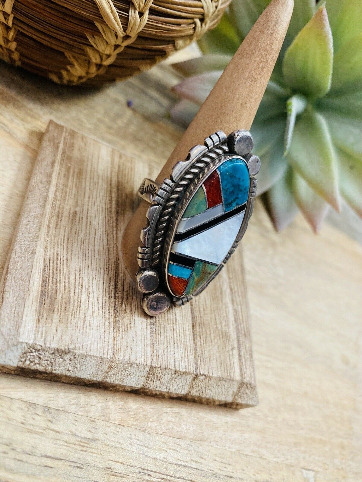 Navajo Sterling Silver And Multi Stone Inlay Ring Size 10