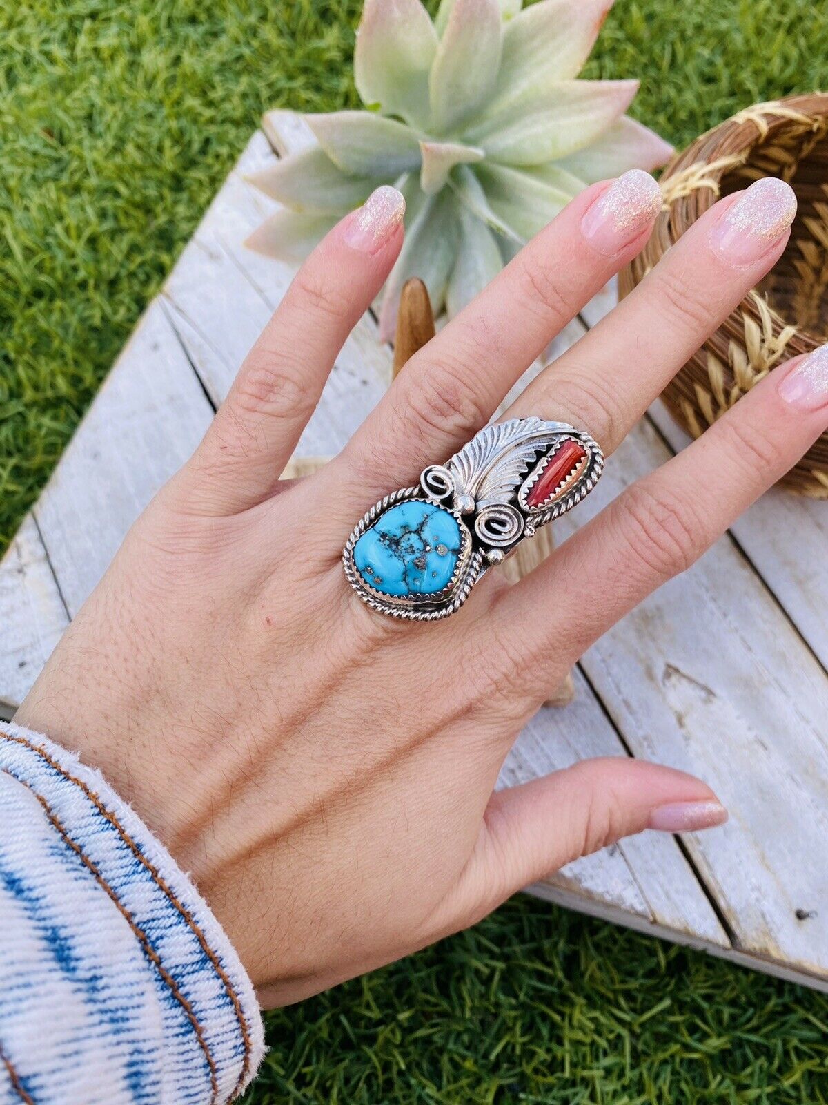 Navajo Turquoise, Coral & Sterling Silver Ring Size 5