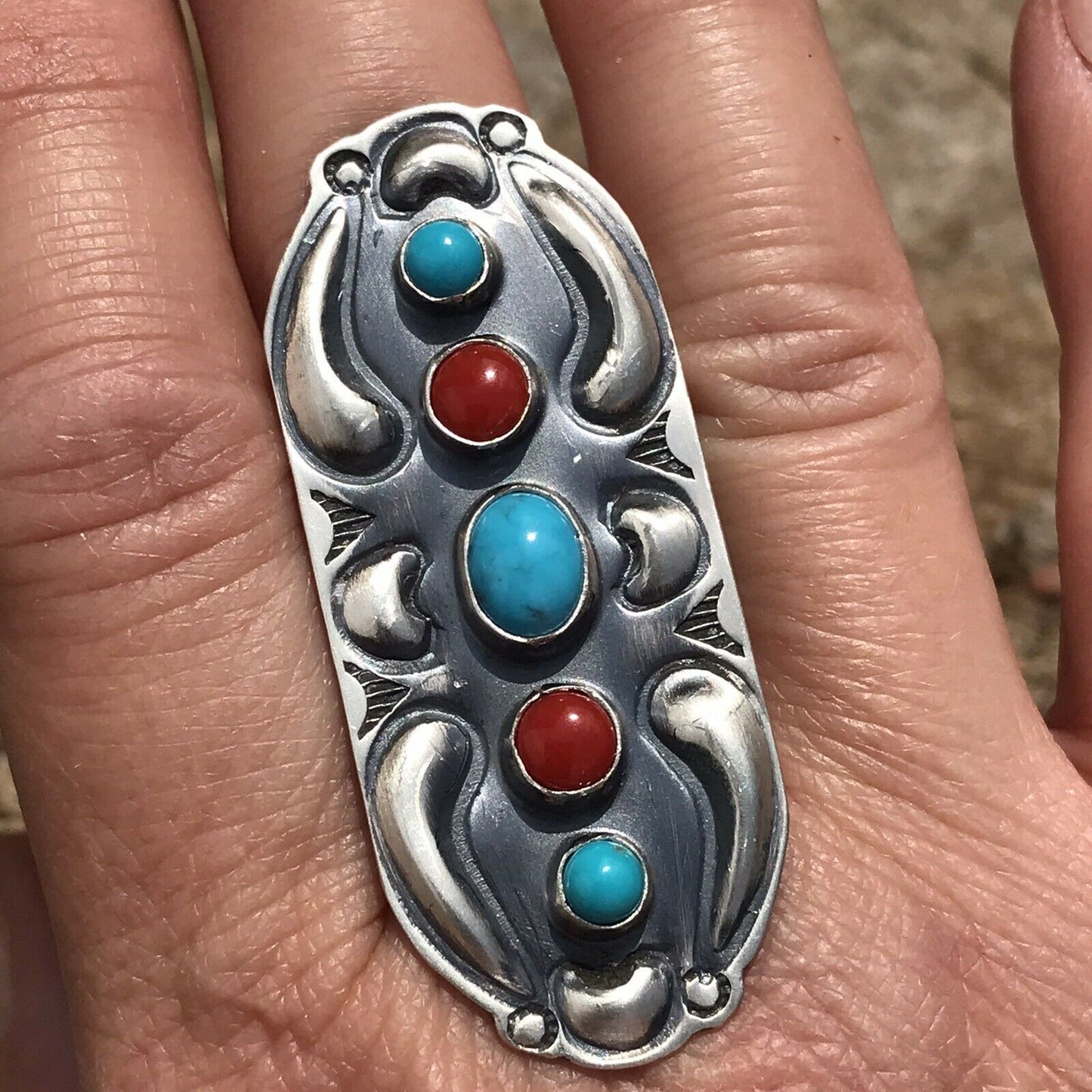 Navajo Sterling Silver Turquoise Coral 5 Stone Ring