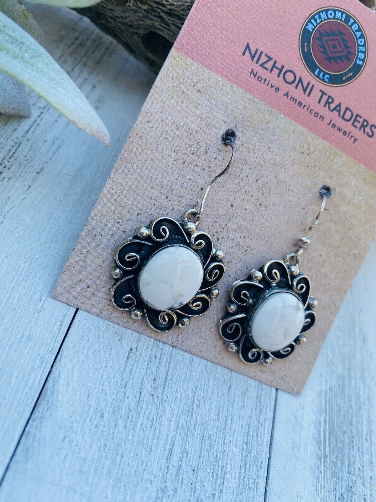 Navajo Sterling Silver And White Buffalo Dangle Earrings