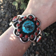 Load image into Gallery viewer, Navajo  Sterling Statement Kingman Turquoise &amp; Natural Red Coral Bracelet Cuff