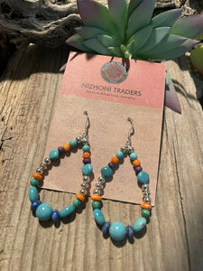 Navajo Sterling Silver Turquoise Multi Stone Beaded Hoop Dangle Earrings