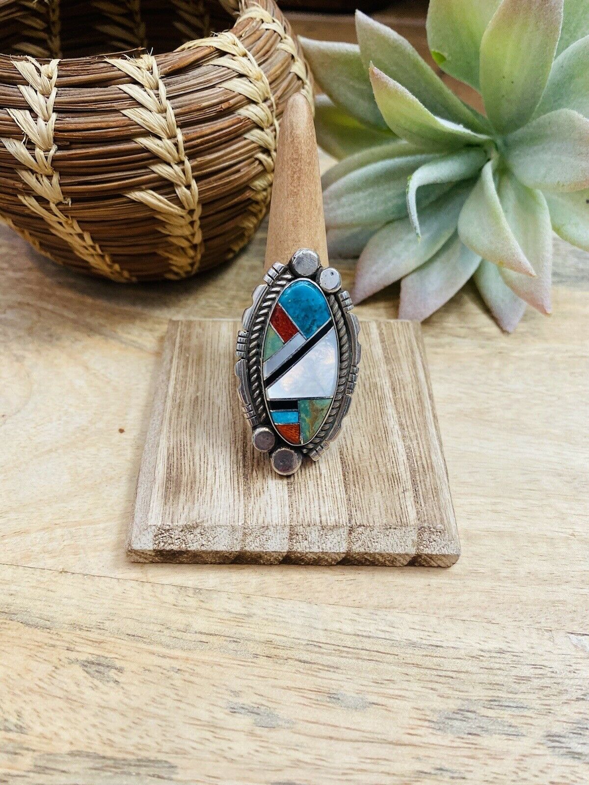 Navajo Sterling Silver And Multi Stone Inlay Ring Size 10