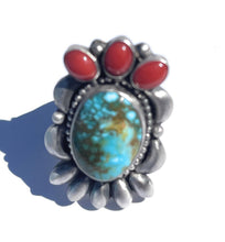 Load image into Gallery viewer, Navajo Sterling Kingman Web Turquoise &amp; Red Coral Taos Collection Ring Sz 6.5