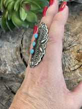 Load image into Gallery viewer, Navajo 3 Stone Turquoise &amp; Sterling Silver Concho Ring Adjustable Signed L.Tahe